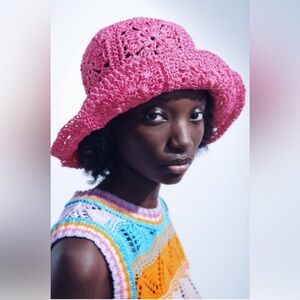 Zara Crocheted Granny Square Bucket Sun Hat In Pink Size S/M